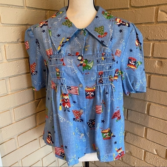 Vintage 70’s Winnie Womens Smocked Cottage Core All Over Print Blouse 15 / 16 - Picture 1 of 9